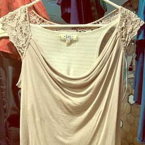 Taupe colored tunic top with lace detailing